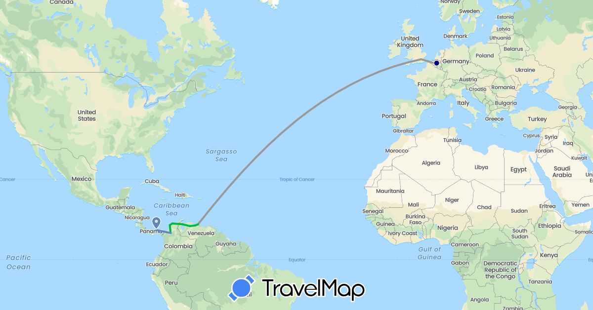 TravelMap itinerary: driving, bus, plane, cycling in Belgium, Colombia, United Kingdom, Panama, Venezuela (Europe, North America, South America)